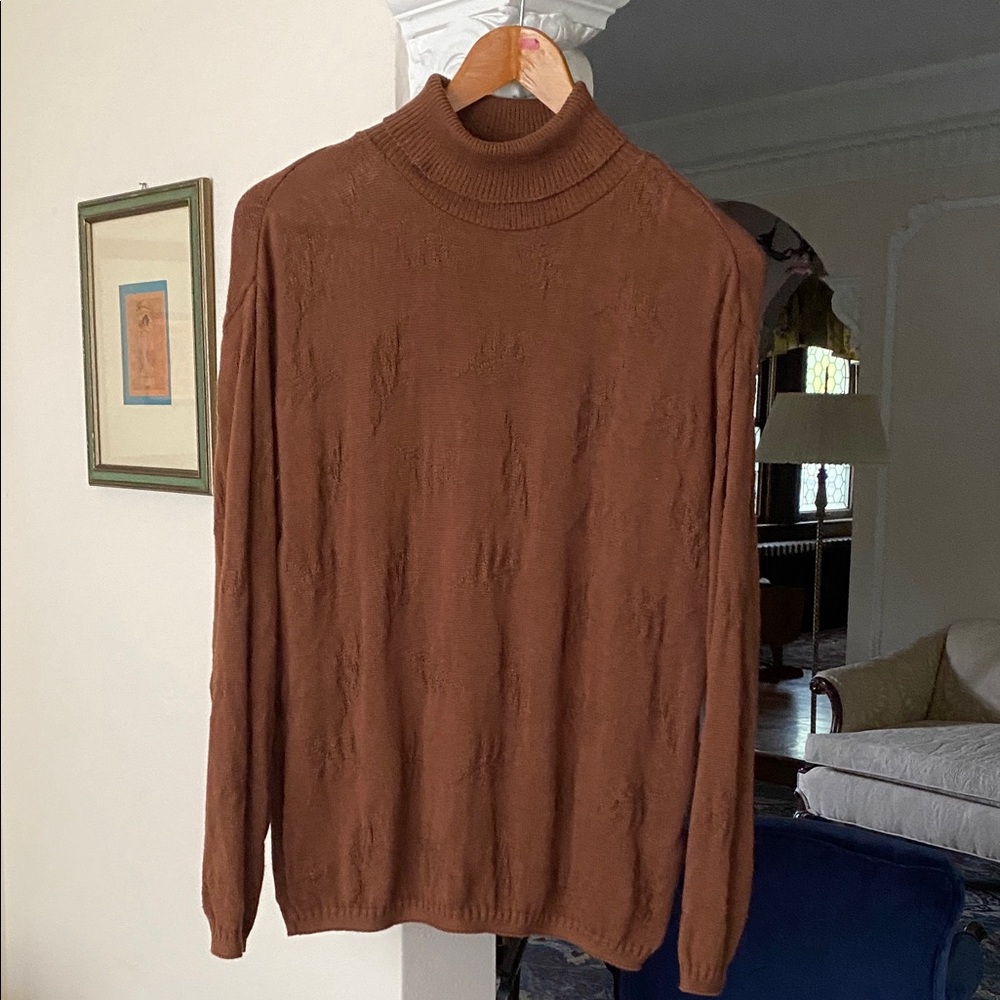 Classic Blues Collection Brown Turtleneck 100% Cotton Woven Leaf Sweater L